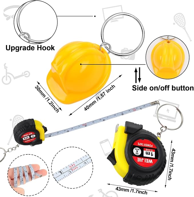 Jutom 18 Pcs Mini Construction Helmet Keychains Tape Screwdrivers Tool Adult Men Gifts Bulk for Easter Egg Stuffers Father's Day Construction Party Favors Gifts