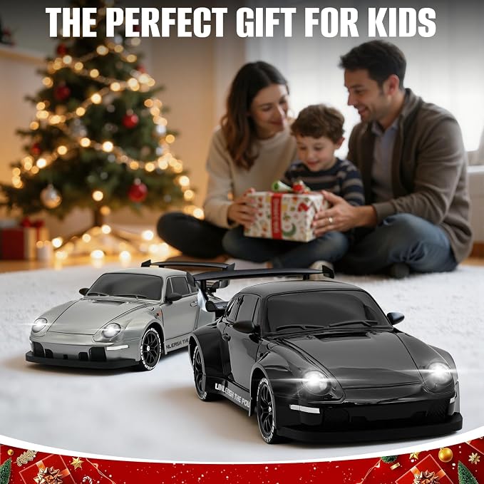 RC Drift Car,1:24 Scale Remote Control Car, 2.4GHz 20KM/H 4WD High Speed RC Cars for Kids with LED Light, Two Batteries,Drifting Tires,Racing Vehicle Toy for Adults Boys Girls Black