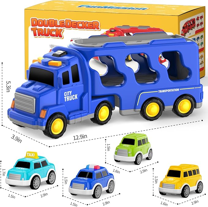 FunMission Toddlers City Truck Toys for Kids 3-9 Year Old，5 in 1 Friction Power Vehicle Car for 3 4 5 6 7 Years Old Boys Girls，Carrier Truck Transport Toys for Christmas and Birthday Gifts