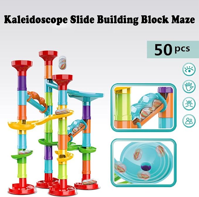 50 PCS Marble Toy Premium Set,STEM Educational Building Block Toy,Marble Track Race Set with 15 Glass Marbles for Boys & Girls,Construction Building Blocks Toys for Kids