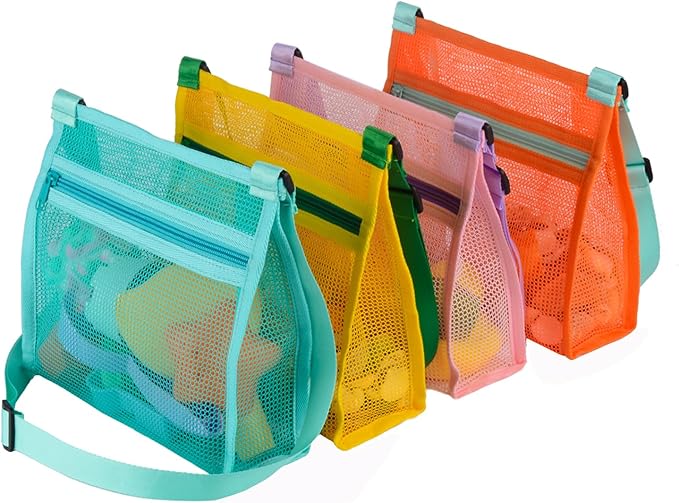 MUYIZI Mesh Beach Bag for Shells Collecting 4 Pack,Shell Bags for Beach,Sea Shell Bags for Picking Up Shells,Beach Shell Bag for Kids, Beach Toys Sand Toys Swimming Accessories for Boys and Girls