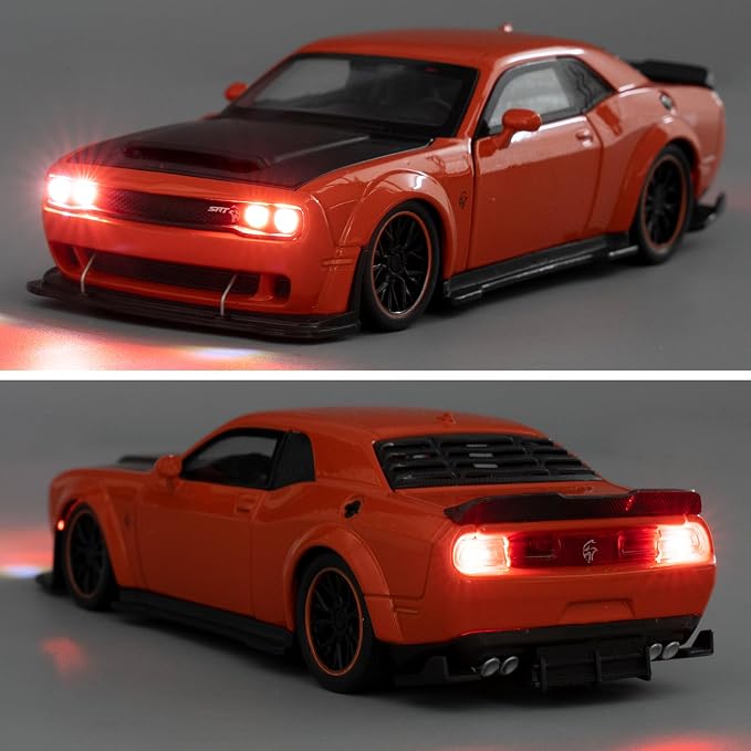 WAKAKAC Toy Cars Compatible for 1:32 Dodge Challenger SRT Hellcat Model Cars, Pull Back Die-cast Vehicles, Collectible Cars with Sounds＆Lights for Kids Boys Girls and Adults, Gift Orange