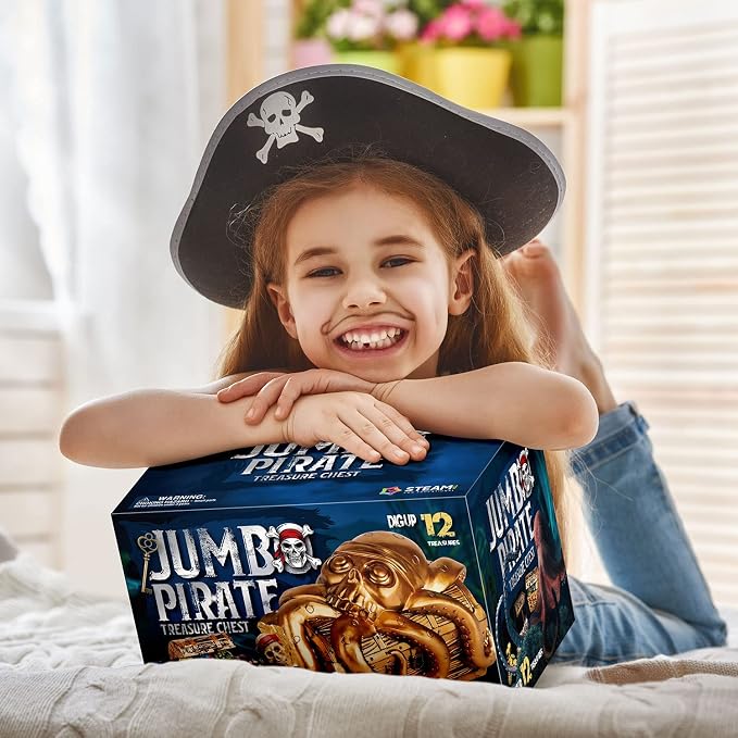 Jumbo Pirate Treasure Chest Dig Kit - Dig Up 12 Gems & Pirate Treasures, STEM Science Educational Toy Gifts for Boys, Girls & Kids Ages 6–12, Excavation Dig Party Favors