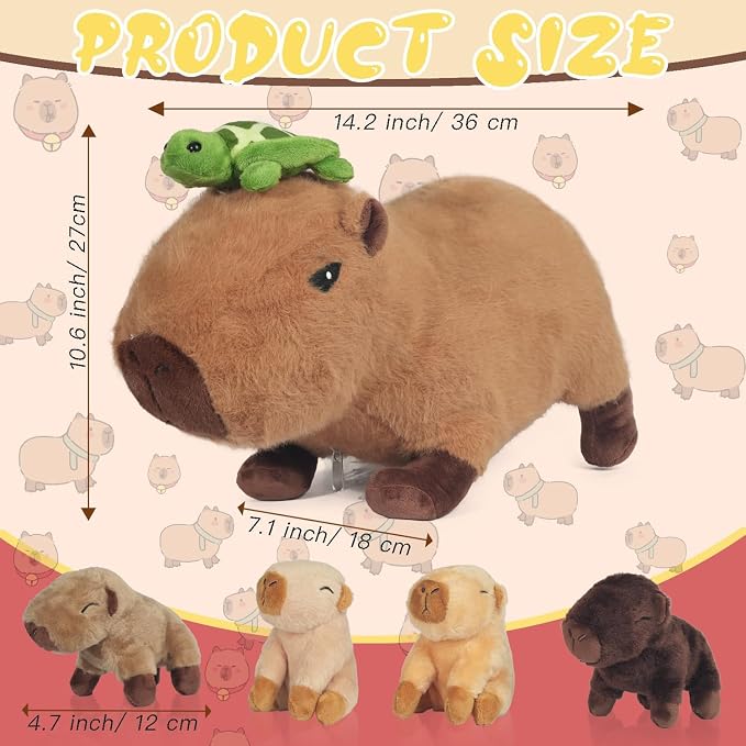 Youthfuljive 5 in 1 Capybara Plush 14.2" Capybara Stuffed Animal with Babies Inside, Mommy Stuffed Capybara Plushies Pillow Toys with 4 Baby Capibaras Peluches for Kids Birthday Party Decor