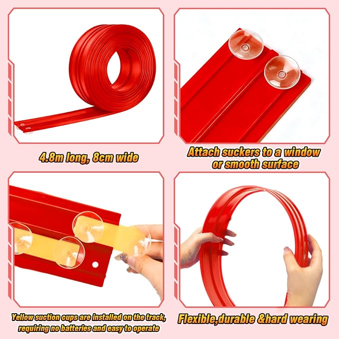 15Ft Flexible Race Car Track for Kids with Suction Cups Compatible with Diecast 1/64th Cars for Ages 3 & Up Blue Gray Orange Red Classic Long Rolls Up Portable Racetrack (Red)