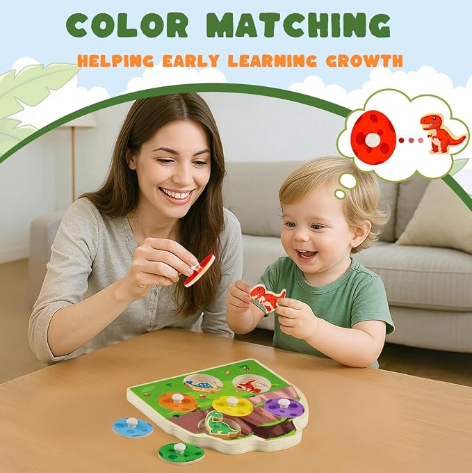 3 otters Dinosaur Peg Puzzles, Wooden Learning Toys Shape Sorter Color Match Games, Educational Memory Activities for Toddler Montessori Development Entertainment Prek Kindergarten Boys Girls Gifts