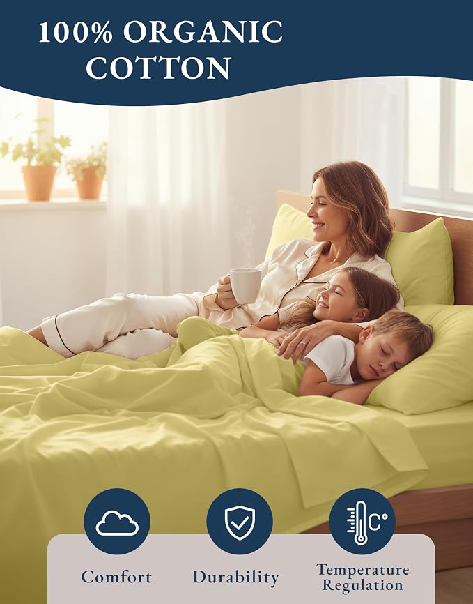 LANE LINEN Queen Size Bed Sheets 100% Organic Cotton Soft 4pc - Cocoon | GOTS Certified Organic Cotton Percale Queen Sheet Set - Affordable Organic Luxury, Honest-Price Organic Quality