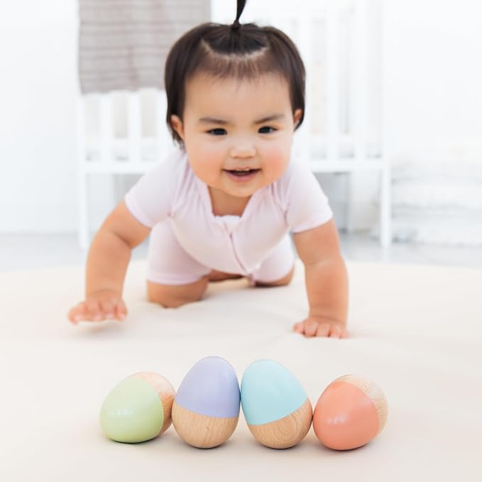 Pearhead Wooden Egg Shaker Baby Toy Set – 4-Piece Montessori Musical Sensory Toy, FSC-Certified Wood Rattle, Develops Rhythm & Fine Motor Skills, Pastel Baby Maracas for Boys and Girls, 0+ Months