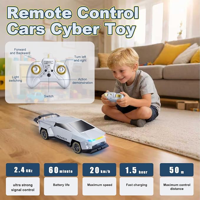 Remote Control Car，All Terrain 2.4GHz RC Truck for 3-12 Year Old Boys, Electric Vehicle RC Car with LED Lights for Kids, Birthday Gifts for Kids (Silver)