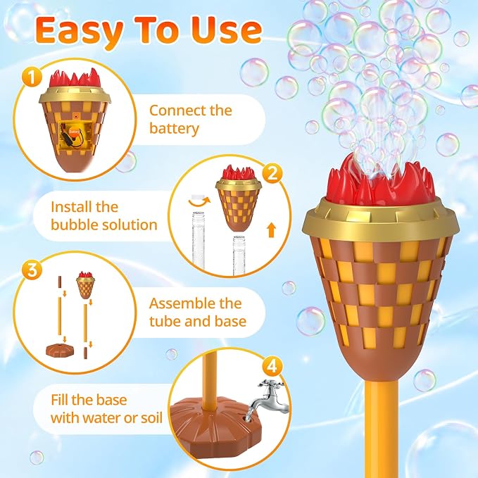 Bubble Machine Toys for Kids: Bubble Torch Blower Maker with Flame Light Music, 47" Adjustable Height, Bubbles Wand Outdoor Toys for Summer Camping Essentials Halloween Wedding Backyard Pool Party