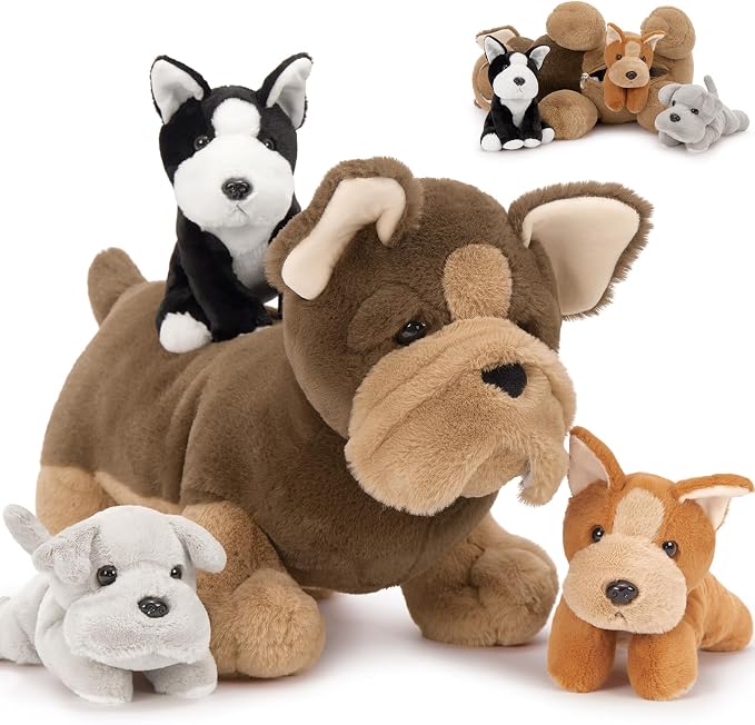 MorisMos French Bulldog Stuffed Animal with Babies,18'' Mommy Stuffed Dog Push with Puppy Toys for Kids,4Pcs Realistic French Bulldog Toys for Girl Boy,Pug Toy Gift for Birthday Christmas
