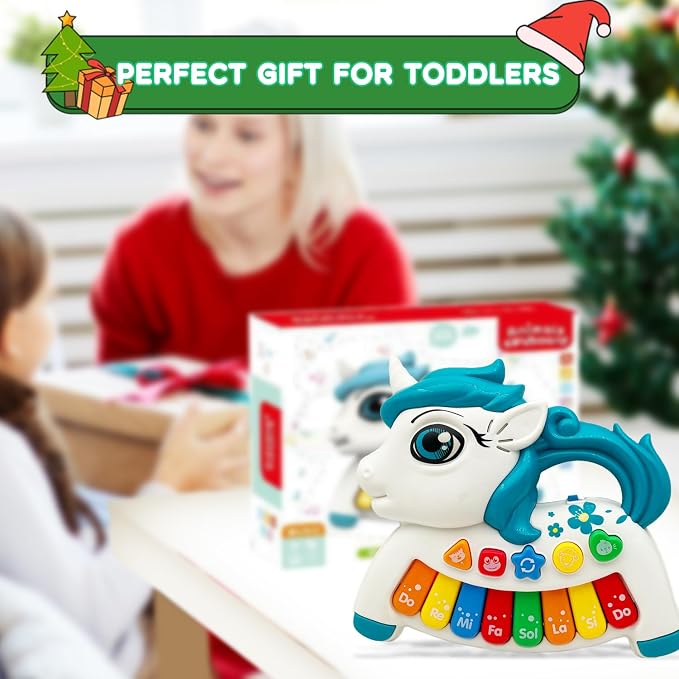 Baby Music Toys for Toddlers, Light Up Music Baby Toys for 18+ Months Early Learning Educational Piano Keyboard Infant Toys Baby Boy Girl Gifts (Unicorn-Blue)