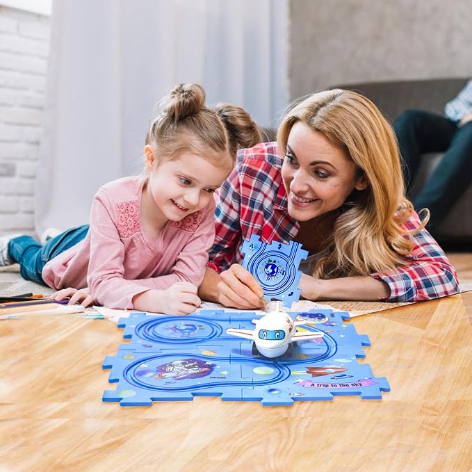 4 Year Old Boy Birthday Gift, Puzzle Racer Kids Car Track Set Puzzle Racer Car Track Set with Roadmap Puzzle Track Car Play Set Toys for 4 Year Old Boys (E-Space, Set3-5Pcs)