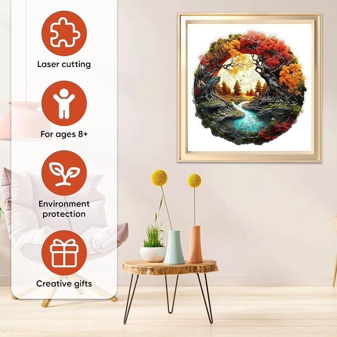 MEATRN Tree River 200 Pieces Wooden Puzzles for Adults - Autumn Landscape Jigsaw Puzzle with Colorful Trees and Flowing River, Family Night Fun, 11.2x11.1 in