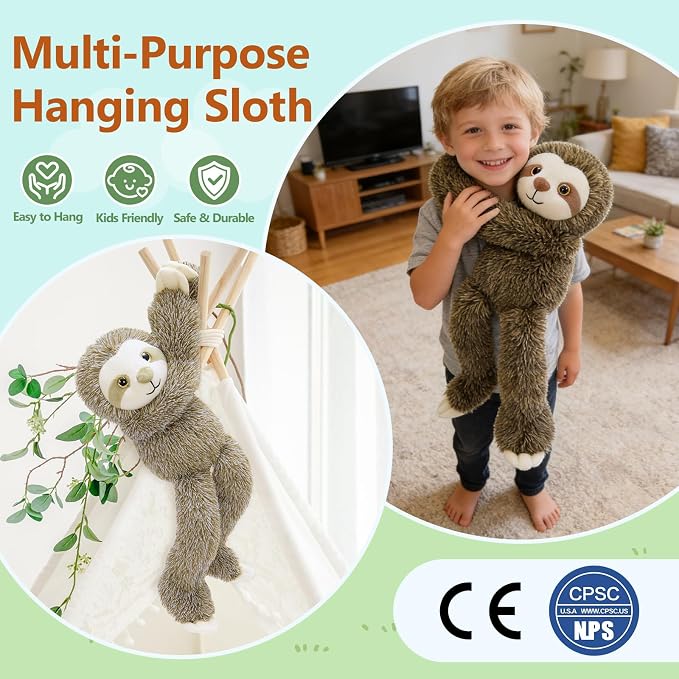MorisMos 3Pcs Hanging Sloth Stuffed Animal, 16" Three Toed Sloth Plush Toy with Long Hands – Wearable & Huggable, Soft Cuddly Sloth Plushies for Home Decor, Christmas Birthday Gift for Kids Adults