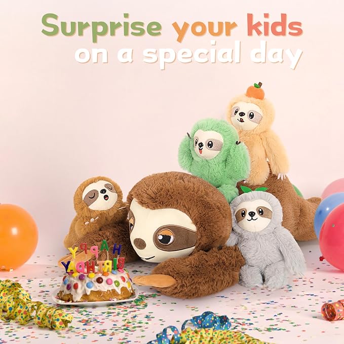 Tezituor Sloth Stuffed Animal Set, 23.6 Inch Giant Mommy Sloth Plush with 4 Baby Sloths, Large Soft Sloth Toy for Kids Adults,Sloth Plushies,Christmas Birthday Valentine’s Day