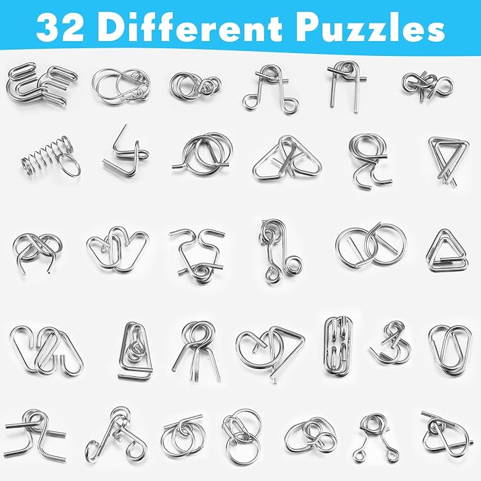 Lenwen 96 Pcs Metal Brain Teaser Puzzles for Adults, Metal Wire Puzzle Set, Iq Brain Games, Disentanglement Iron Link Unlock Interlock Mind Challenge Toys with Pouch for Party Favors