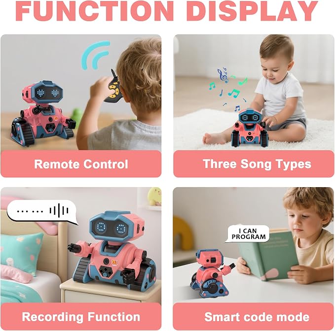 BYTEWAR Interactive Smart Robot Toys, Rechargeable Remote Control Emo Robot with Learning Gesture Sensing, Auto-Demonstration, Music and Dance, Shining LED Eyes, Robot Toy for Kids 3-5(Pink)