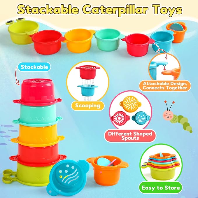 Zeewoo Baby Bath Toys for Kids Ages 1-3 Toddler Bath Toys Mold Free Bathtub Toys for 12+ Months Pool Water Table Beach Sand Toys Stacking Cups Floating Boats for 1+ Years Old Girls Boys Gifts 13 PCS