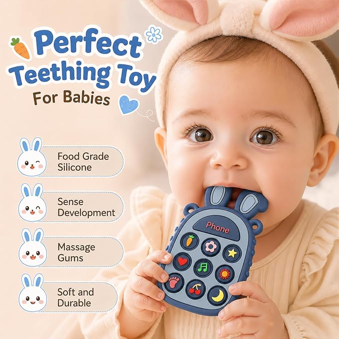 Press Phone Teether for Baby Girls, Soft Silicone Teething Toy, Sensory Toy | Teething Relief, BPA-free, Freezer, for Baby 3 Months+, Cute Rabbit Design with Textures and 9 Patterns, Press & Pop for Fun!