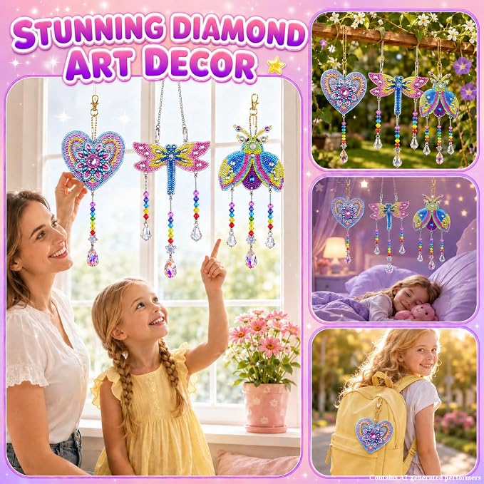 Diamond Art Kits for Kids Ages 8-12, 3PCS DIY Diamond Art Painting, DIY Sun Catcher Wind Chimes for Home/Garden/Classroom Decor, Creative Gem Painting Gifts for 8 9 10 11 12 Year Old Girls Teen Adults