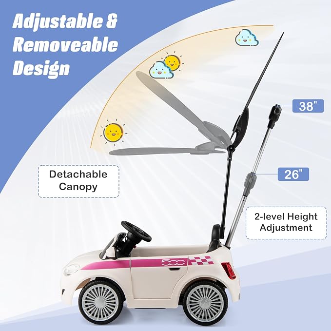 OLAKIDS Push Car for Toddlers, 3 in 1 Licensed Fiat 500e Baby Sliding Walking with Parent Control Handle Adjustable Canopy Footrest, Kids Ride on Toys with Horn for Boys Girls (White)