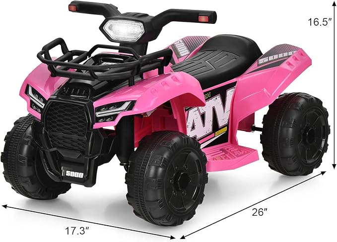 Costzon Kids ATV, 6V Battery Powered Electric Vehicle Four Wheeler Quad w/Storage Basket, Headlight, Horn, Music, MP3 & USB, Toddler 4 Wheeler Ride on Car Toy for Boys Girls 18-36 Months (Pink)