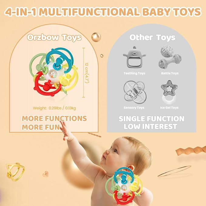 Baby Rattle Teething Toys, Baby Ball Teether Toys for 0 3 6 9 12 18 Months, Silicone Montessori Teethers with Rattle Ball for Newborn Infant, Sensory Delopmental Gift for Boys Girls, Beige