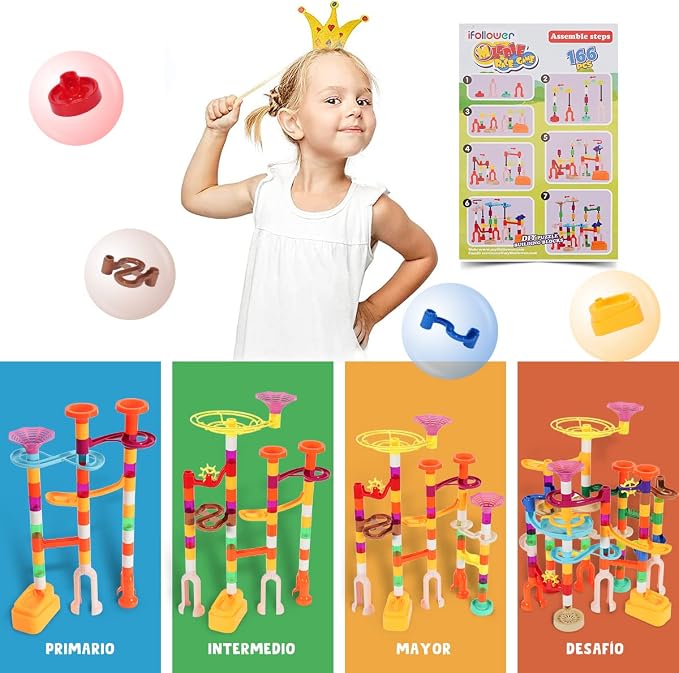 ifollower 166 pcs Marble Run Kit, Upgraded Marbles Kit for Kids STEM Toys with Glow Marbles, Beginner Marble Race Track Set with Colorful Birthday for Kids Boys Girls