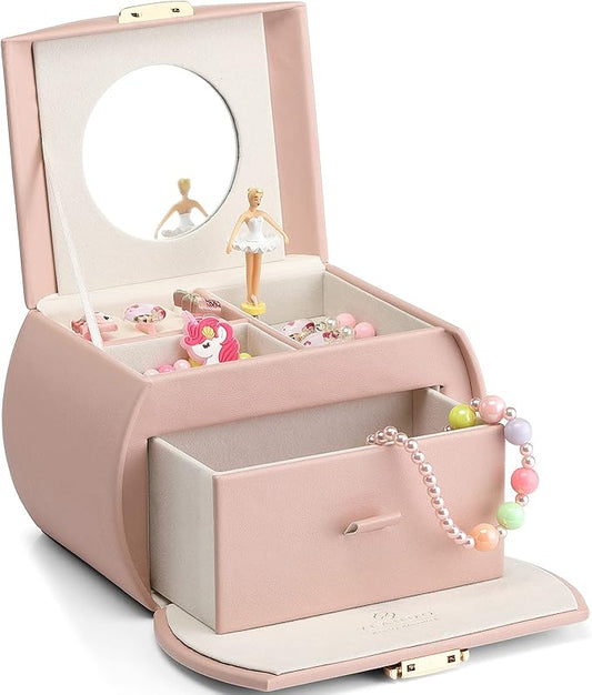 VLANDO Kids Musical Jewelry Box for Girls with Drawer, Music Box with Ballerina and Stickers for Birthday Bedroom Decor, Valentines Day Gifts for Daughter Girls Kids - Pink