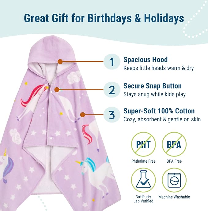 Wildkin Kids Hooded Beach Towel – 100% Cotton, Snap Front for Bath, Pool & Beach - Unicorns