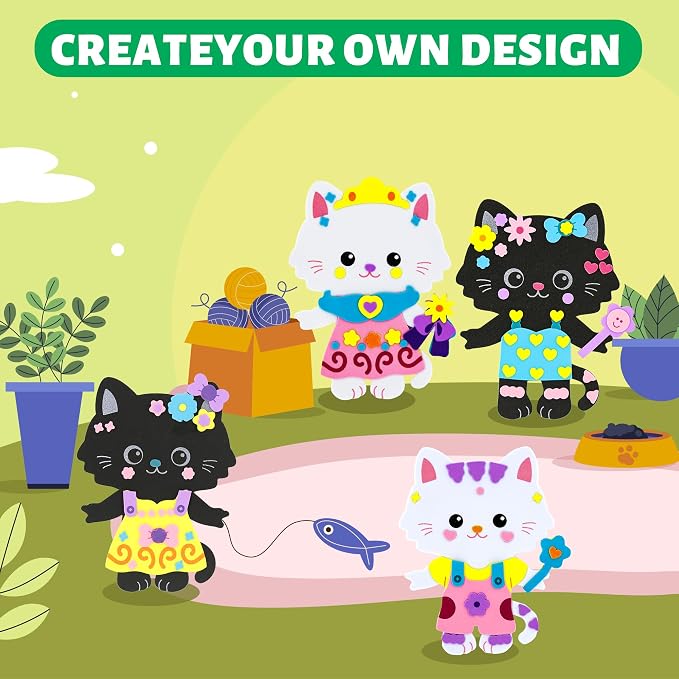 VKPI 4 Pieces Cats Foam Art Crafts Gift Kit, Creative Make Your Own Kittens, Cartoon Foam Paper Craft Projects for Kids Ages 4+ Toddler, Preschool Learning Toy for Birthday Party Favor Supplies
