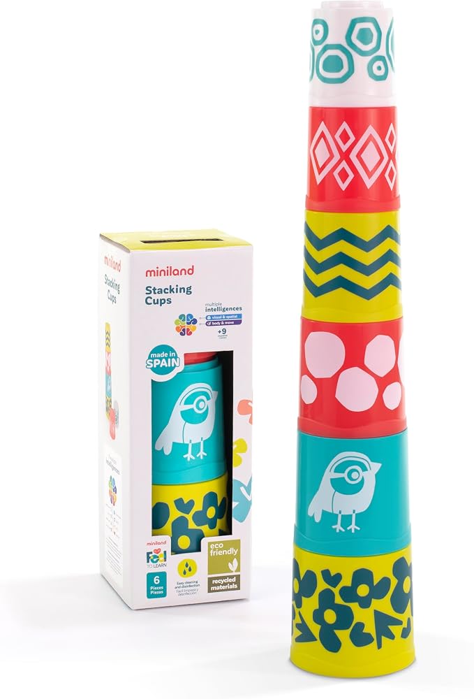 Miniland Feel to Learn Stacking Cups for Infant and Toddlers. 6 ECO Pieces for Visual and Hand-Eye Stimulation