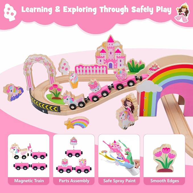 SIMPLIPLAY Wooden Train Set, 43PCS Unicorn Toy Train Set with Crash Barrier | Magnetic Wooden Train with Tracks & Bridge for Girls Toddlers, Enhance Fine Motor Skills, Ideal for Birthday Christmas