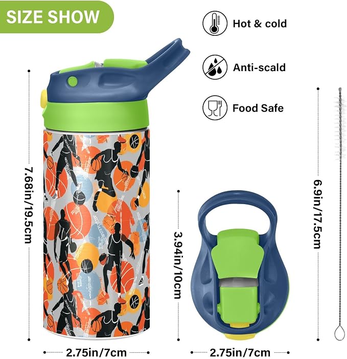 Basketball Game Player Sports Kids Water Bottle with Straw Lid Balck Ball Insulated Stainless Steel Reusable Tumbler for Boys Girls Toddlers 12 oz Green