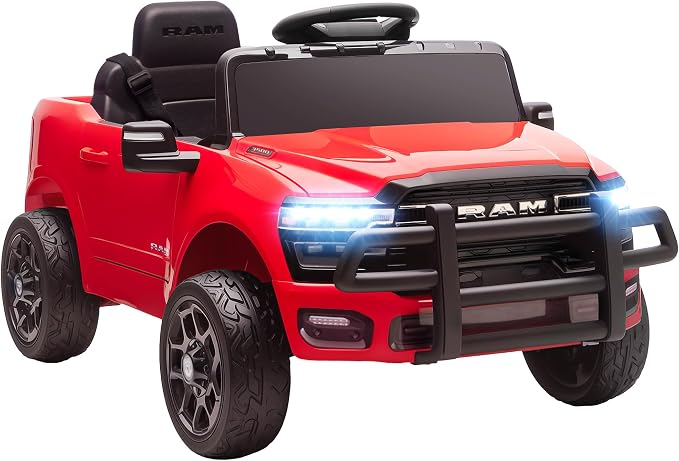 Qaba 12V Kids Ride on Car, Licensed Dodge RAM 3500 Electric Car for Kids with Dual Motors, Parent Remote Control, Rear Suspension, Power Display, Bluetooth Music and LED Lights, Red
