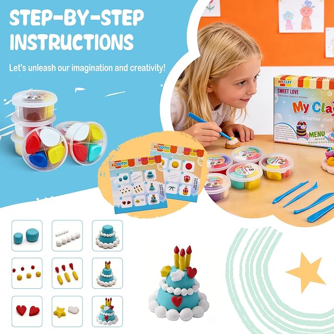 Dessert Clay Kit for Kids – 6 Sweet Treat Themes with Tools & Tutorial Cards | Cupcake Cookie Cake DIY | Soft Non-Sticky Air Dry Clay | Arts & Crafts Gift Ages 3+