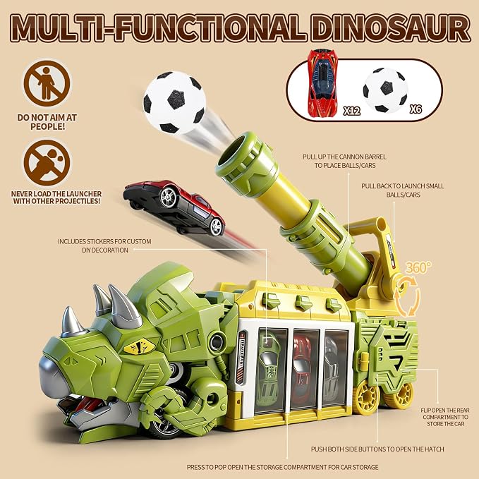 STBEIMEIMY Triceratops Truck Toy, Ejection Shooting Game with Storage & 10 Cars Dinosaur Shooting Truck with Foldable Pod, 10 Mini Cars & 12 Soft Balls, Develops Motor Skills & Coordination
