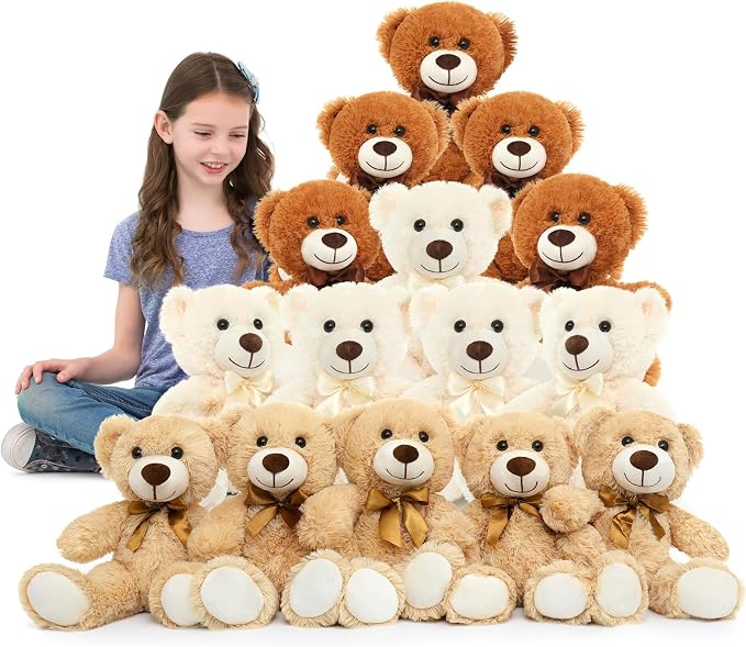 MaoGoLan 15 Pack Teddy Bears in Bulk, 14inch Small Stuffed Animals Teddy Bears for Baby Shower Wholesale Plushies for Mother's Day Birthday Wedding Party Favors - 3 Colors