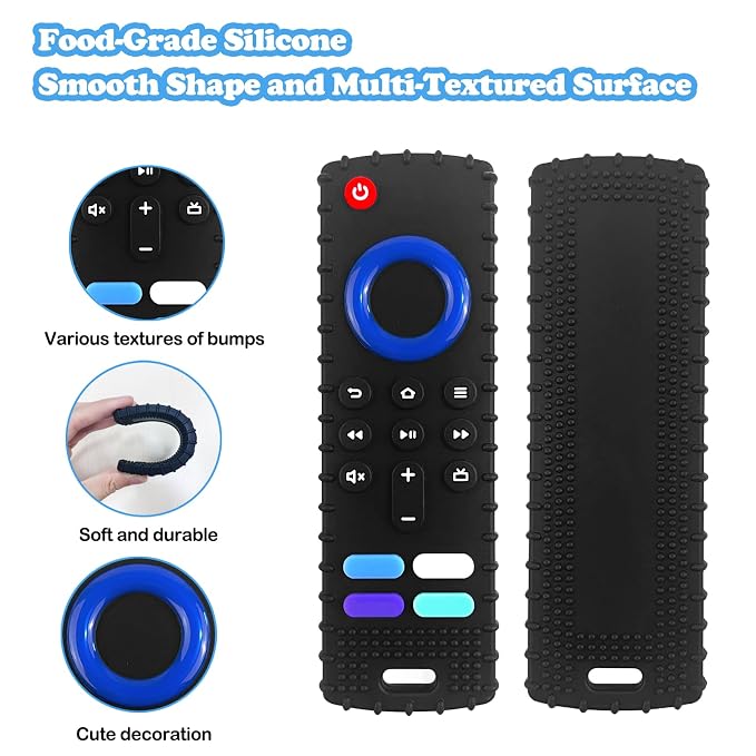 ROBBEAR Baby Teething Toys, Soft Silicone Teethers for Babies 3 6 12 18 Months, Fire Stick TV Remote Control Shape Infant Chew Toys for Boys and Girls, Baby Teething Relief, BPA Free (FTV-Black)