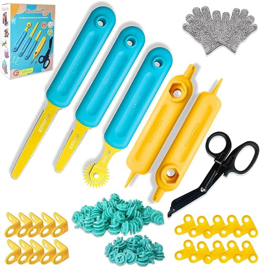 Kizzikids Cardboard Tools for Kids with Safe Cutter &Tool Box, 149 PCS Cardboard Construction Kit for Family & Team Activities, Creative STEM Educational Toys Gift for Boys and Girls Aged 5+