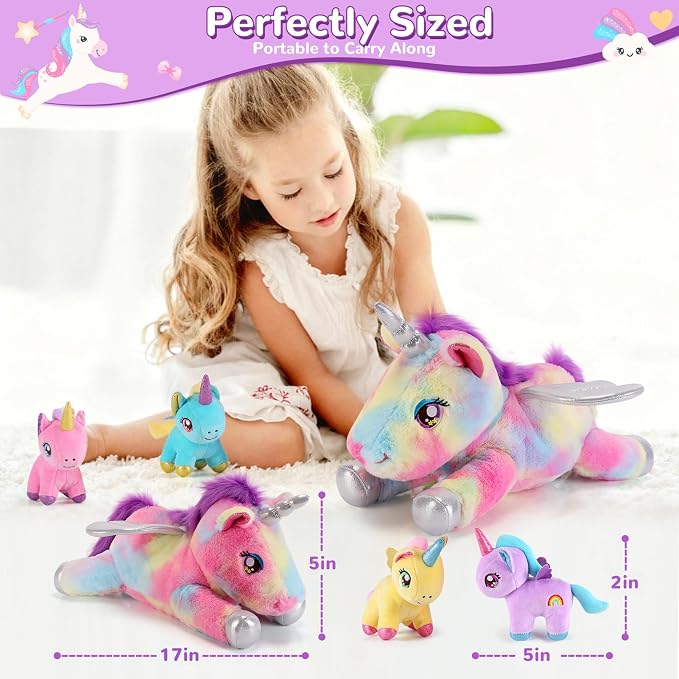 gnomantic Unicorn Stuffed Animals with Babies Inside, Mommy Toy for Kids | 5-Piece set: 1 mommy unicorn + 4 baby unicorns inside. Unzip belly to reveal surprise babies. Ultra-soft, ages 3-8.
