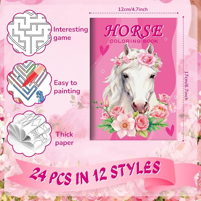 BenLouis 24 Pcs Horse Floral Mini Coloring Books Kids Cowgirl Party Favors Small Activity Books Bulk for Kids Girls Horse Racing Flower Goodie Bags Stuffers Return Gifts Classroom Travel