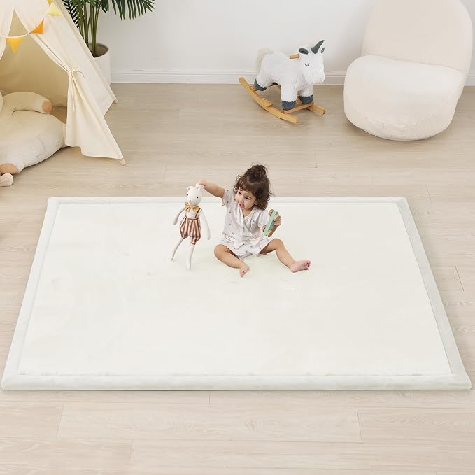 1.5" Thick Baby Play Mat for Floor Tummy Time, Large Pro Soft Foam Activity Playmats Playroom, Easy Care with Non-Slip Safe for Infant Toddler Kids Crawling79"x 118" (Cream)
