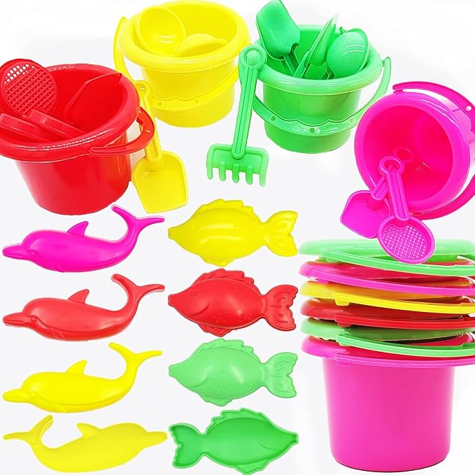 24-Count Mini Beach Day Playsets, 3.25" Sand Bucket Play Set Box Includes, Pail, Shovel, Rake, Sifter Scoop, Dolphin Fish Sand Trays Toy for Boys and Girls Birthday Party Favor (24-Pack)