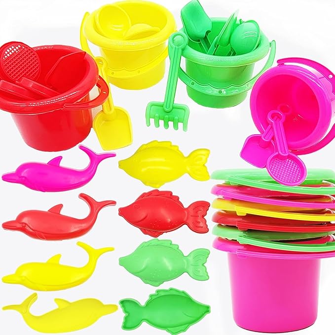 72-Pack Mini Beach Day Playsets, 3.25" Sand Bucket Play Set Box Includes, Pail, Shovel, Rake, Sifter Scoop, Dolphin Fish Sand Trays Toy for Boys and Girls Birthday Party Favor (72-Pack)