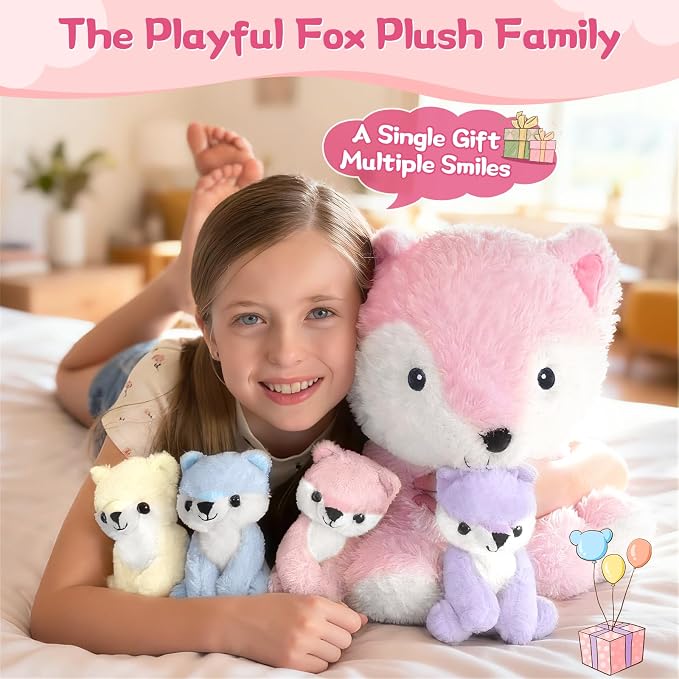 Muiteiur 5 Piece Fox Stuffed Animal Set, Soft Mommy Fox Plush Toy with 4 Cute Babies, Cute Stuffed Animal for Girls and Boys, Fun Gift for Kids, Pink 20inch