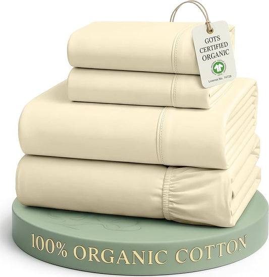 LANE LINEN California King Sheet Set 100% Organic Cotton 4pc Soft - Natural | Cal King Sheet Set, GOTS Certified Organic Cotton Percale - Great For Gifting, Easy-Care Machine Washable, For Hot Sleepers