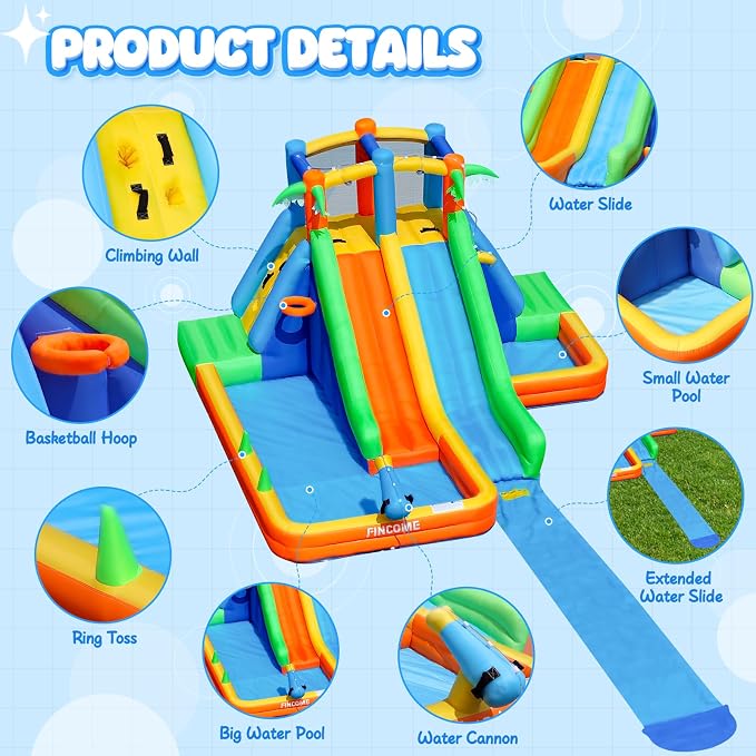 FINCOME Inflatable Water Slide Bounce House with Extend Long Splash Waterslide for Kids Backyard, Blow Up Bouncy Castle Park with 2 Water Pool, Basketball Hoop, Water Cannon for Indoor, Outdoor, Party