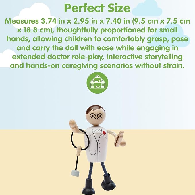 PlanToys® Wooden Doctor Role Play Doll | Poseable 1:12 Scale Character Figure for Dollhouse Play, Medical Scenarios & Social Interaction | Eco Friendly Montessori Pretend Play Figure